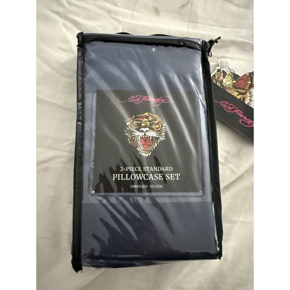 Ed Hardy Standard Pillowcase Set 2 Pc Navy Blue Embossed Tiger Logo NWT